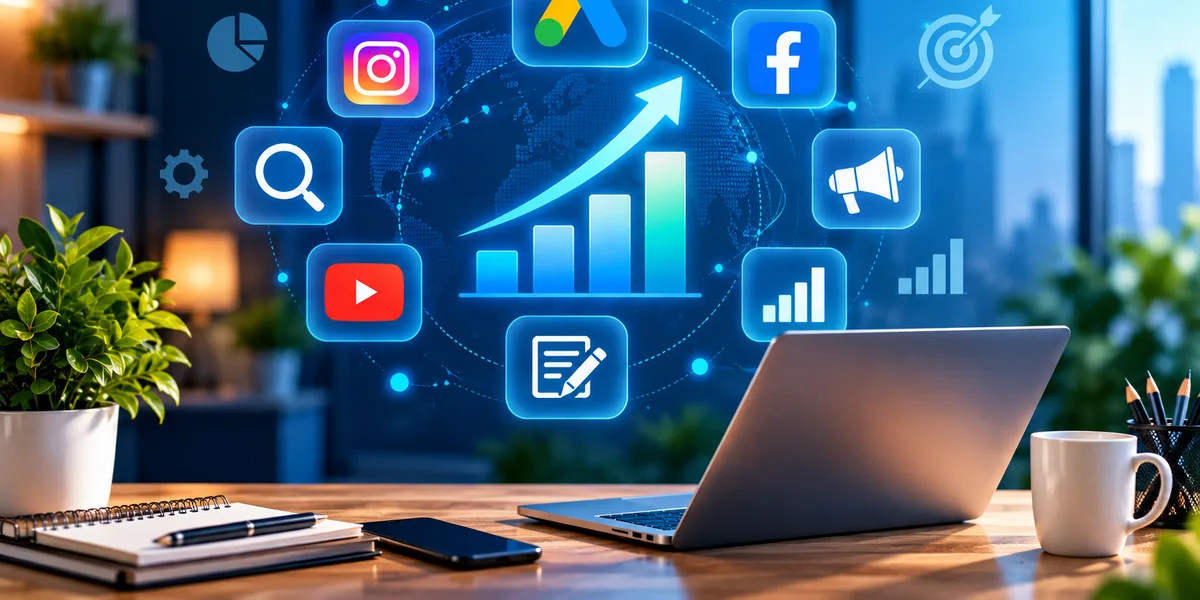 A laptop on a desk with social media, analytics and advertising icons rising above it.