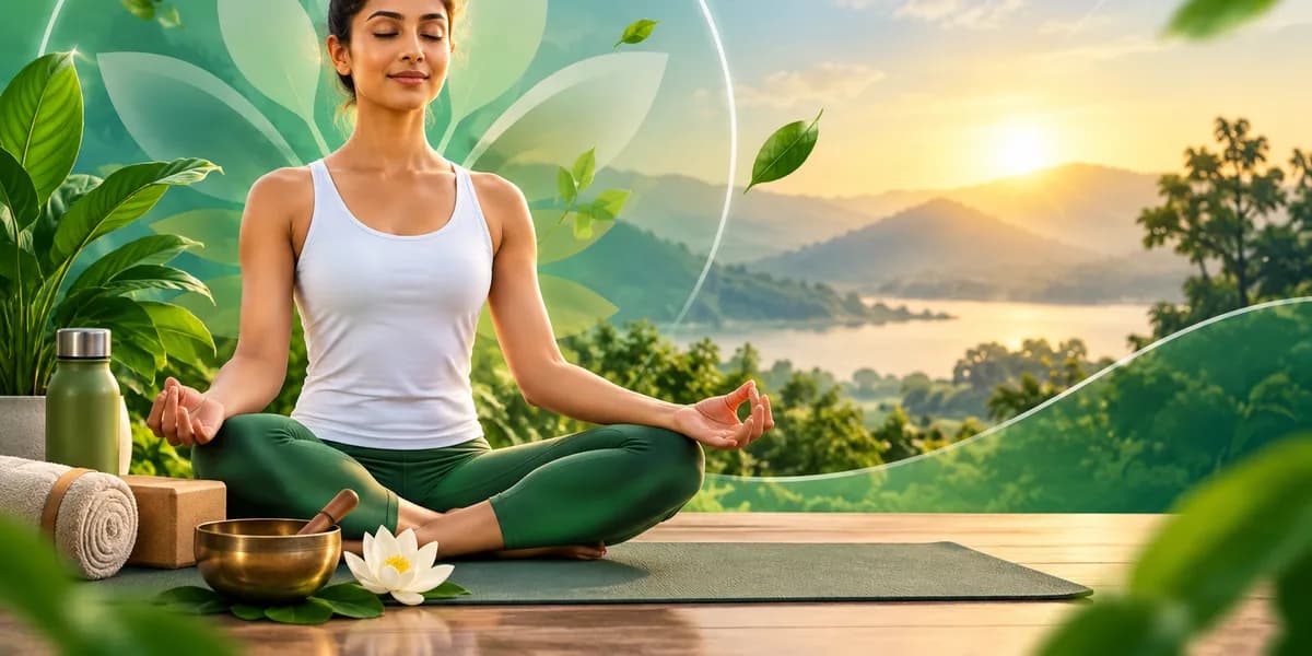 A woman seated in a cross-legged meditation pose on a mat, overlooking green hills at sunrise.