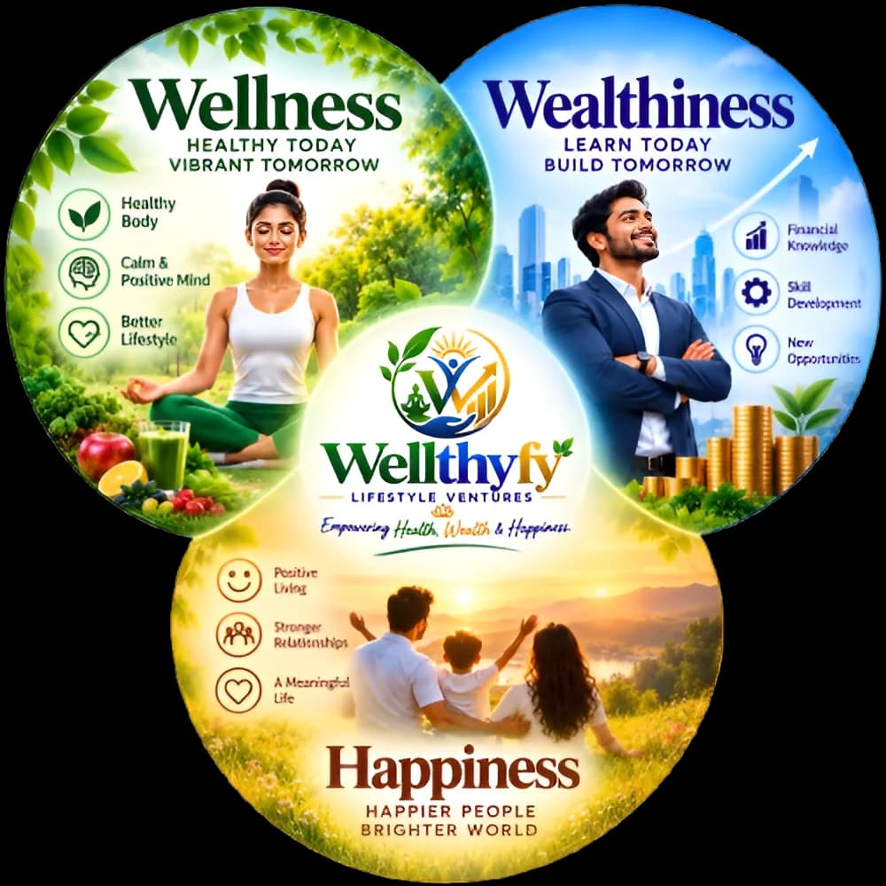 Wellness, Wealthiness and Happiness shown as three overlapping circles, with the Wellthyfy logo at the centre where all three meet.